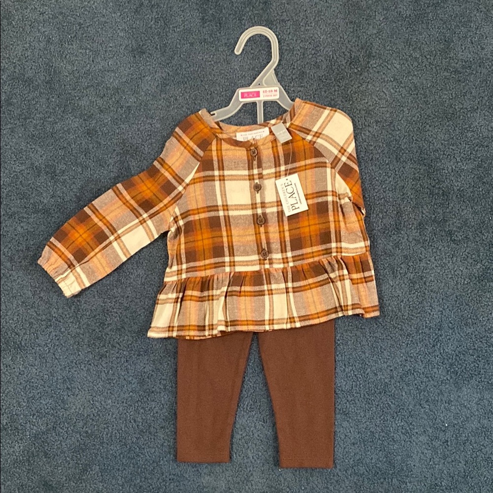 The Children's Place Plaid Top and Brown Leggings Set